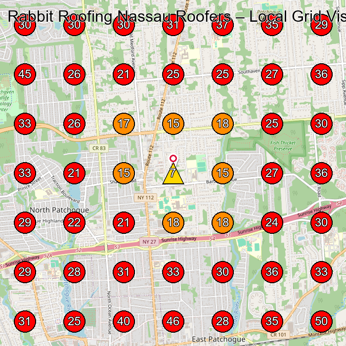 Rabbit Roofing Nassau Roofers GeoGrid visibility map for Roofing Contractor in 630 Old Medford Ave